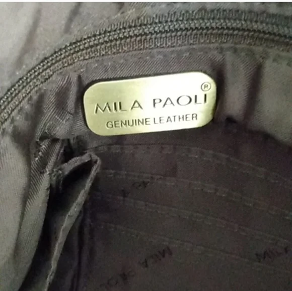 MILA PAOLI Black Leather with  White Accent Stitching Shoulder Handbag - Picture 9 of 12